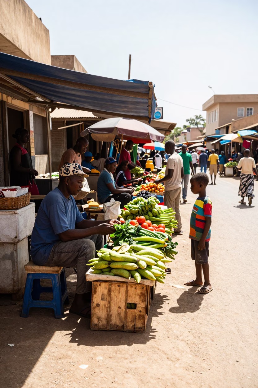 Bright Midmorning Street Scene in Dakar Senegal with Local Market Activity in in Dakar, Senegal