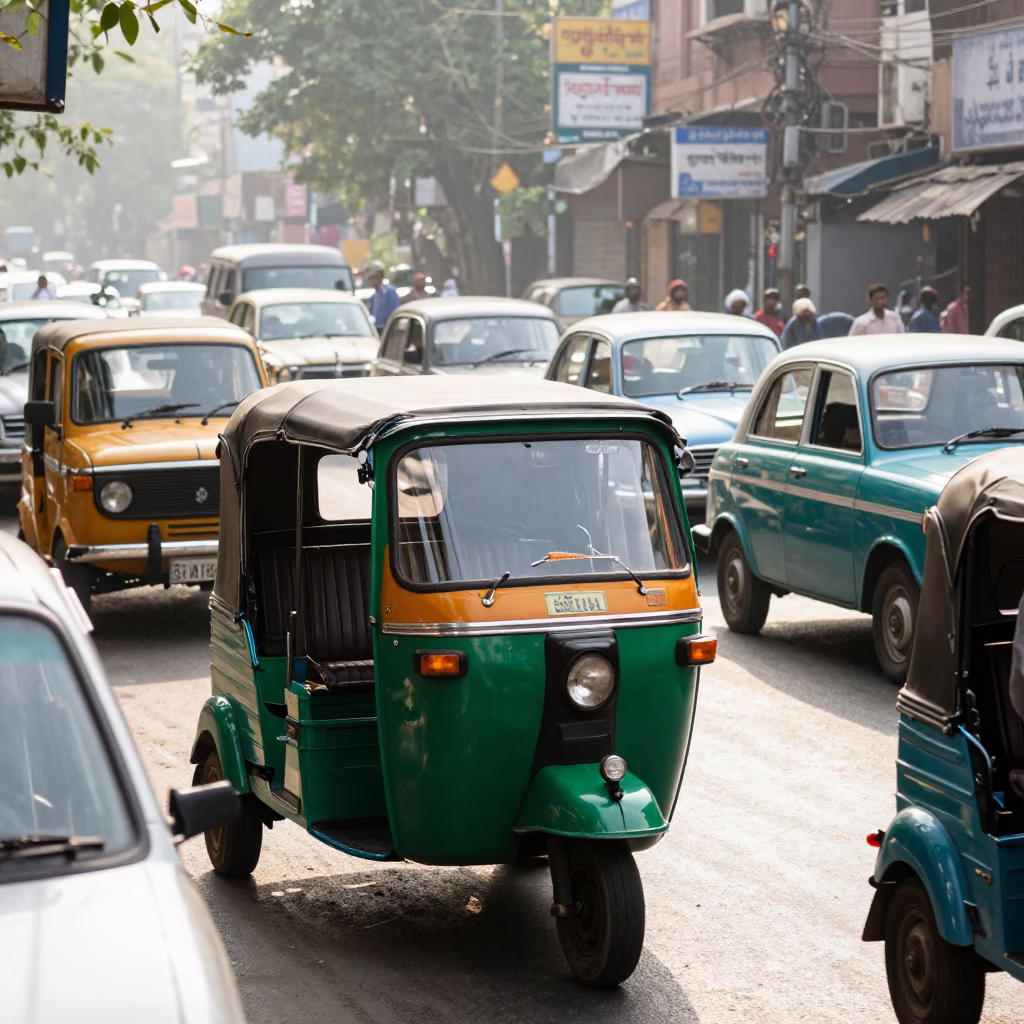 Bright Midmorning Street Scene in Delhi India Auto Rickshaw and Local Traffic in in Delhi, India