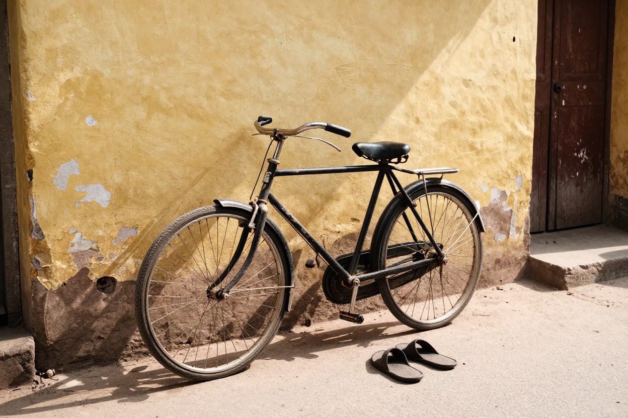 Bright Midmorning Street Scene in Delhi India with Bicycle and Slippers in in Delhi, India