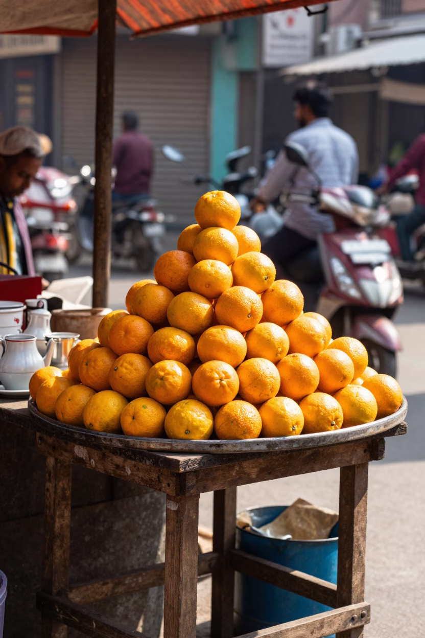 Bright Midmorning Street Scene in Delhi India with Oranges and Tea Canister in in Delhi, India