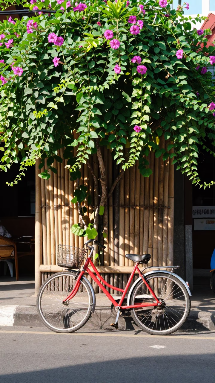 Bright Midmorning Street Scene in Denpasar Indonesia with Bicycle and Tropical Greenery in in Denpasar, Indonesia