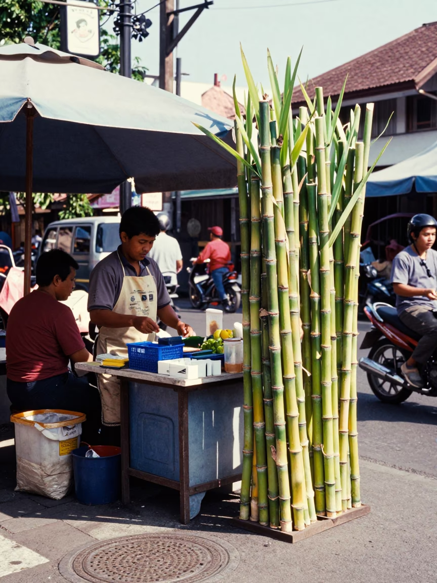 Bright Midmorning Street Scene in Denpasar Indonesia with Local Commerce and Greenery in in Denpasar, Indonesia