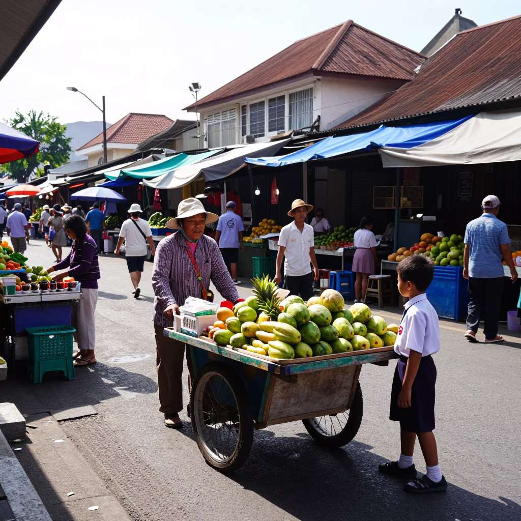 Bright Midmorning Street Scene in Denpasar Indonesia with Local Market Activity in in Denpasar, Indonesia