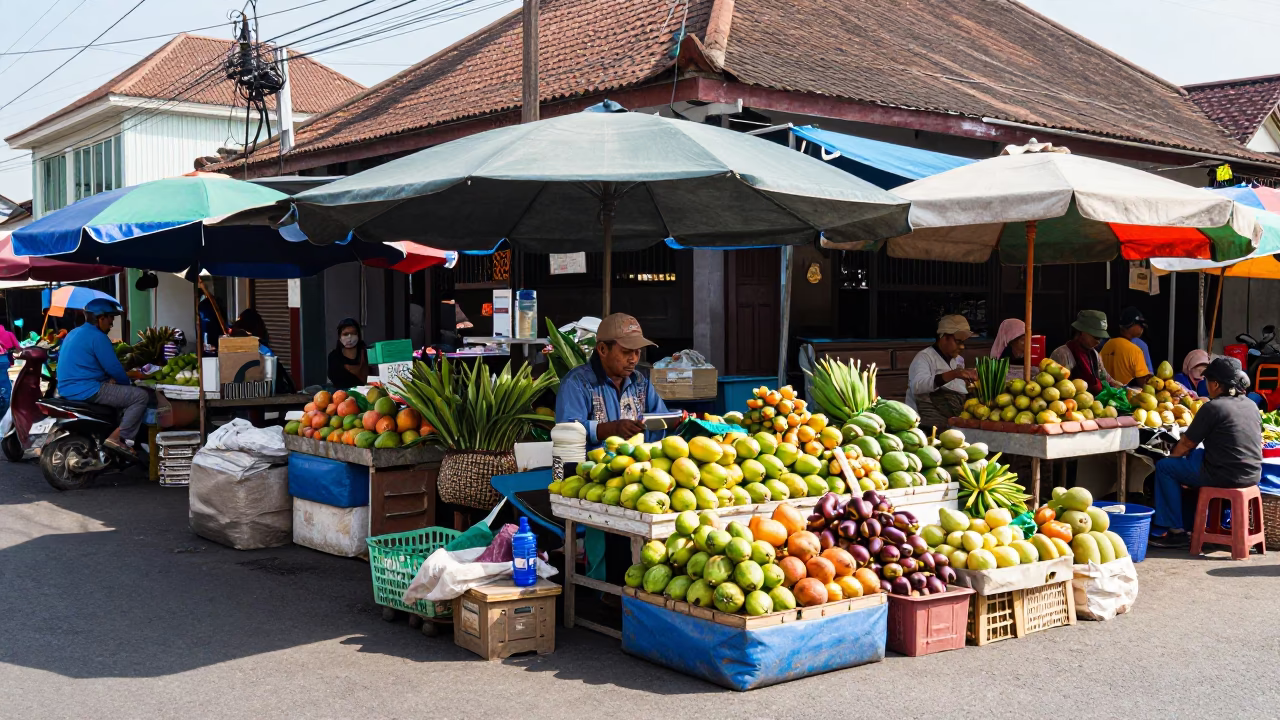 Bright Midmorning Street Scene in Denpasar Indonesia with Local Market Details in in Denpasar, Indonesia