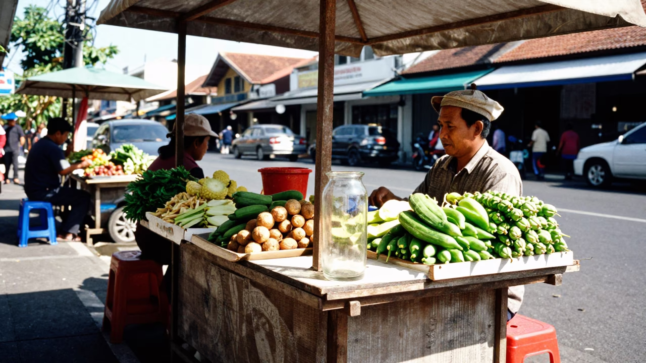 Bright Midmorning Street Scene in Denpasar Indonesia with Local Vendor and Glass Vase in in Denpasar, Indonesia