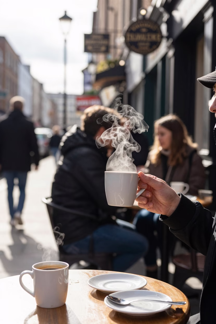 Bright Midmorning Street Scene in Dublin Ireland with Coffee Mugs and Local Interaction in in Dublin, Ireland