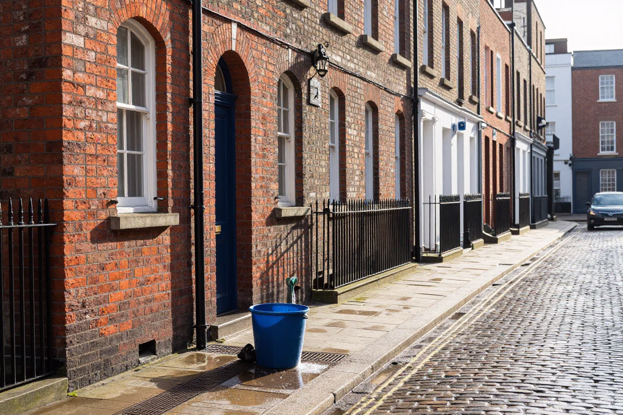 Bright Midmorning Street Scene in Dublin Ireland with Condensation on Bucket Lip in in Dublin, Ireland