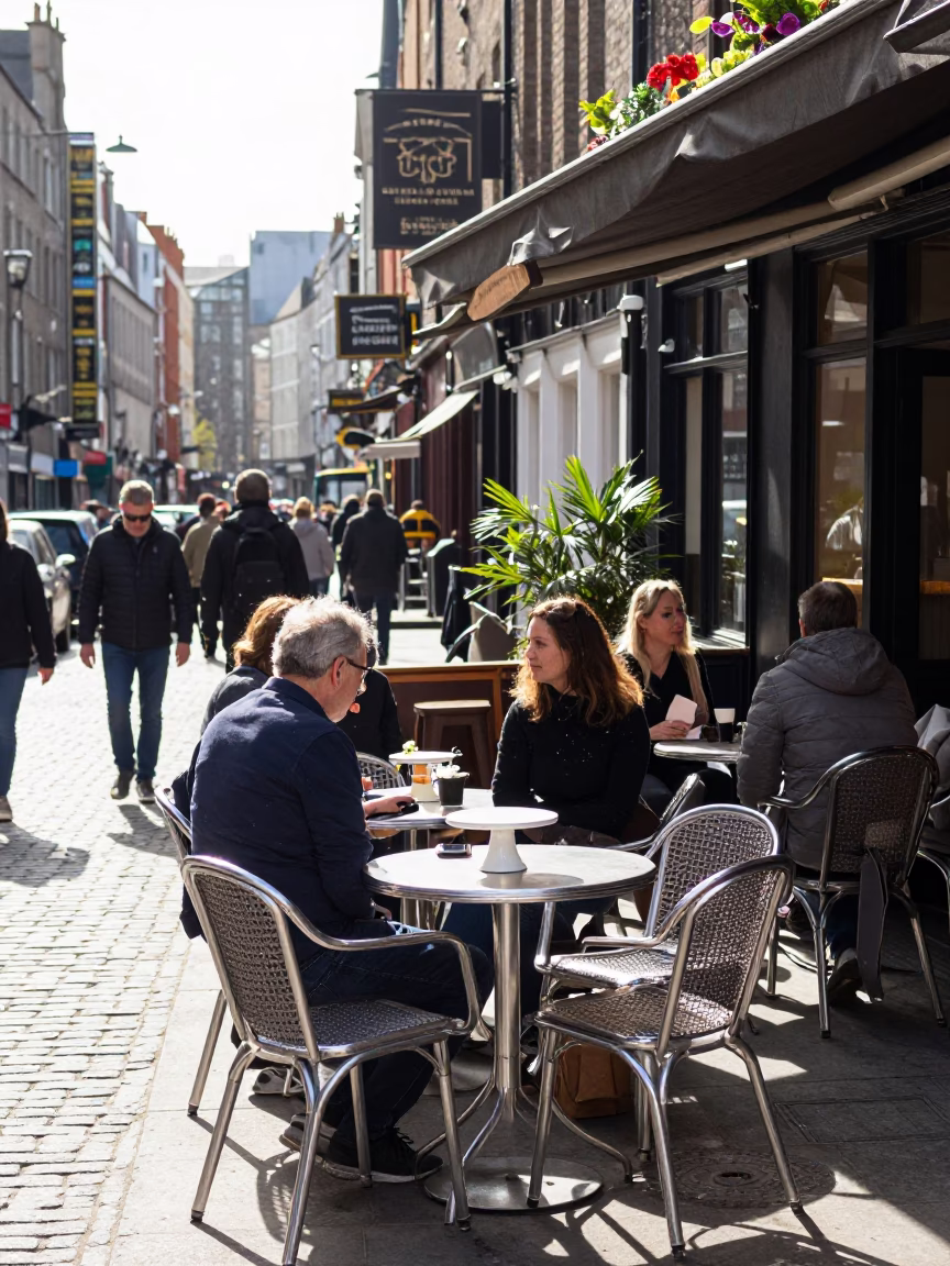 Bright Midmorning Street Scene in Dublin Ireland with Outdoor Cafe and Pedestrians in in Dublin, Ireland