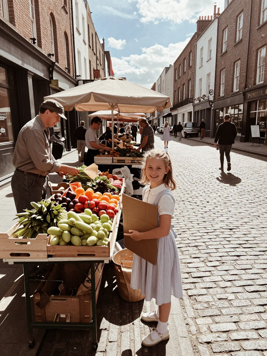 Bright Midmorning Street Scene in Dublin Ireland with Vintage 1950s Aesthetic and Local Life in in Dublin, Ireland