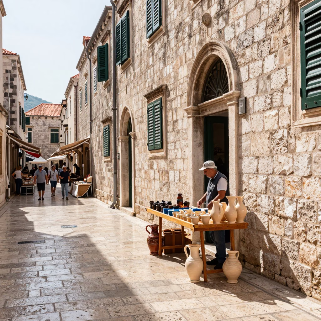 Bright Midmorning Street Scene in Dubrovnik Croatia with Local Market Goods in in Dubrovnik, Croatia