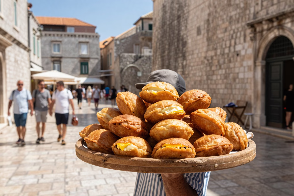 Bright Midmorning Street Scene in Dubrovnik Croatia with Local Vendor Selling Arepas in in Dubrovnik, Croatia