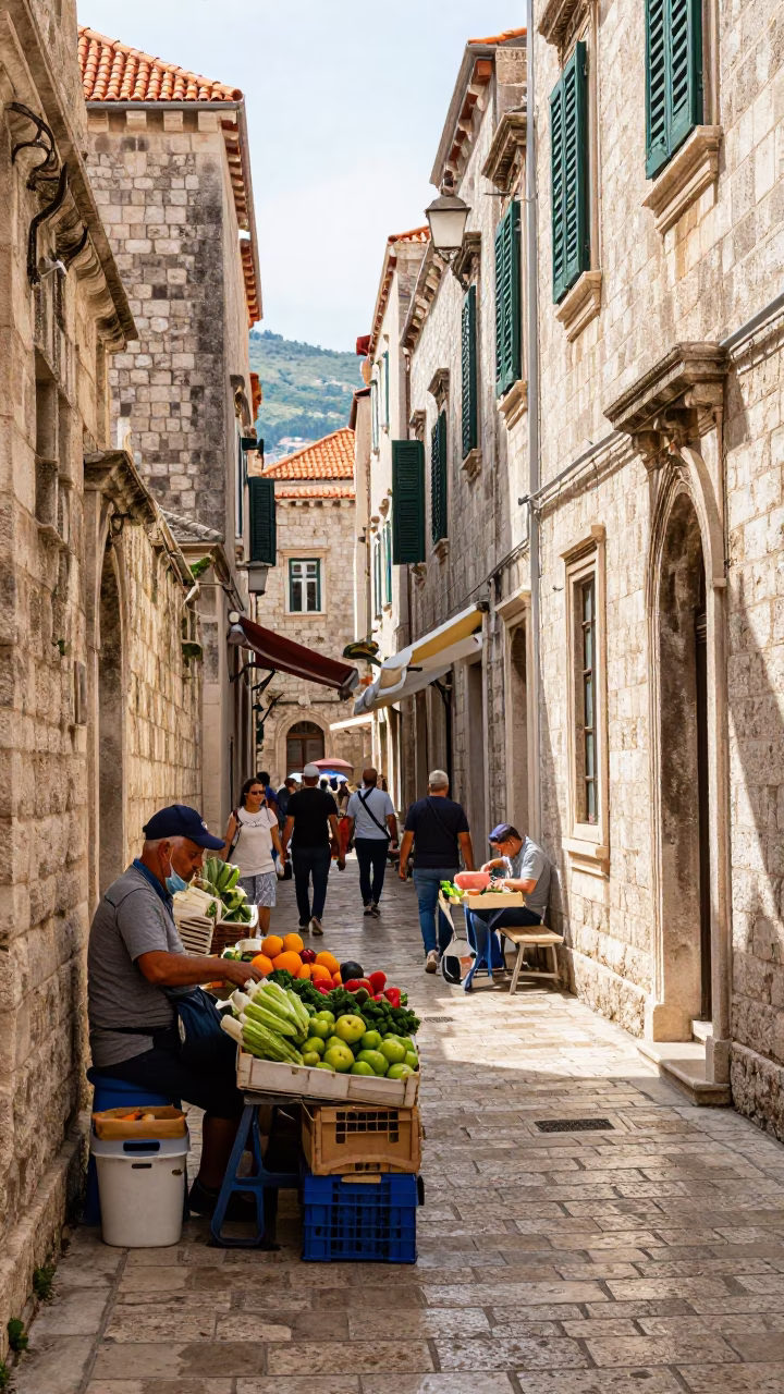 Bright Midmorning Street Scene in Dubrovnik Croatia with Local Vendor in in Dubrovnik, Croatia