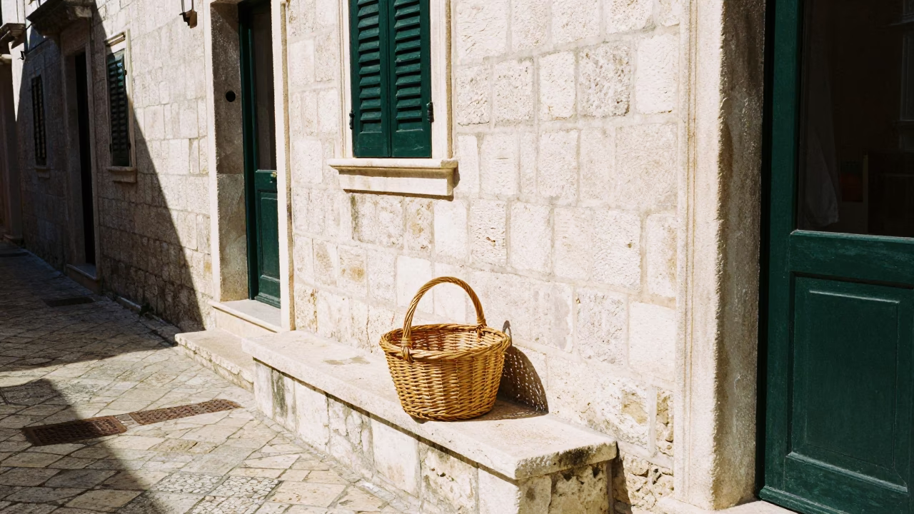 Bright Midmorning Street Scene in Dubrovnik Croatia with Wicker Shadow on Plaster in in Dubrovnik, Croatia