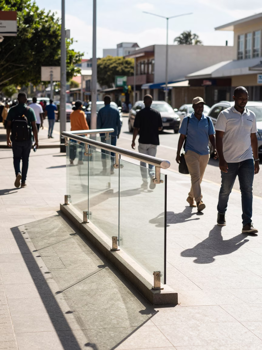 Bright Midmorning Street Scene in Durban South Africa with Clear Glass Rail in in Durban, South Africa