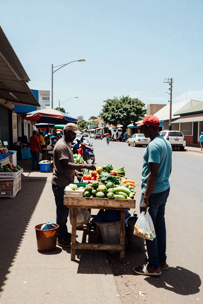 Bright midmorning street scene in Durban South Africa with local market activity in in Durban, South Africa