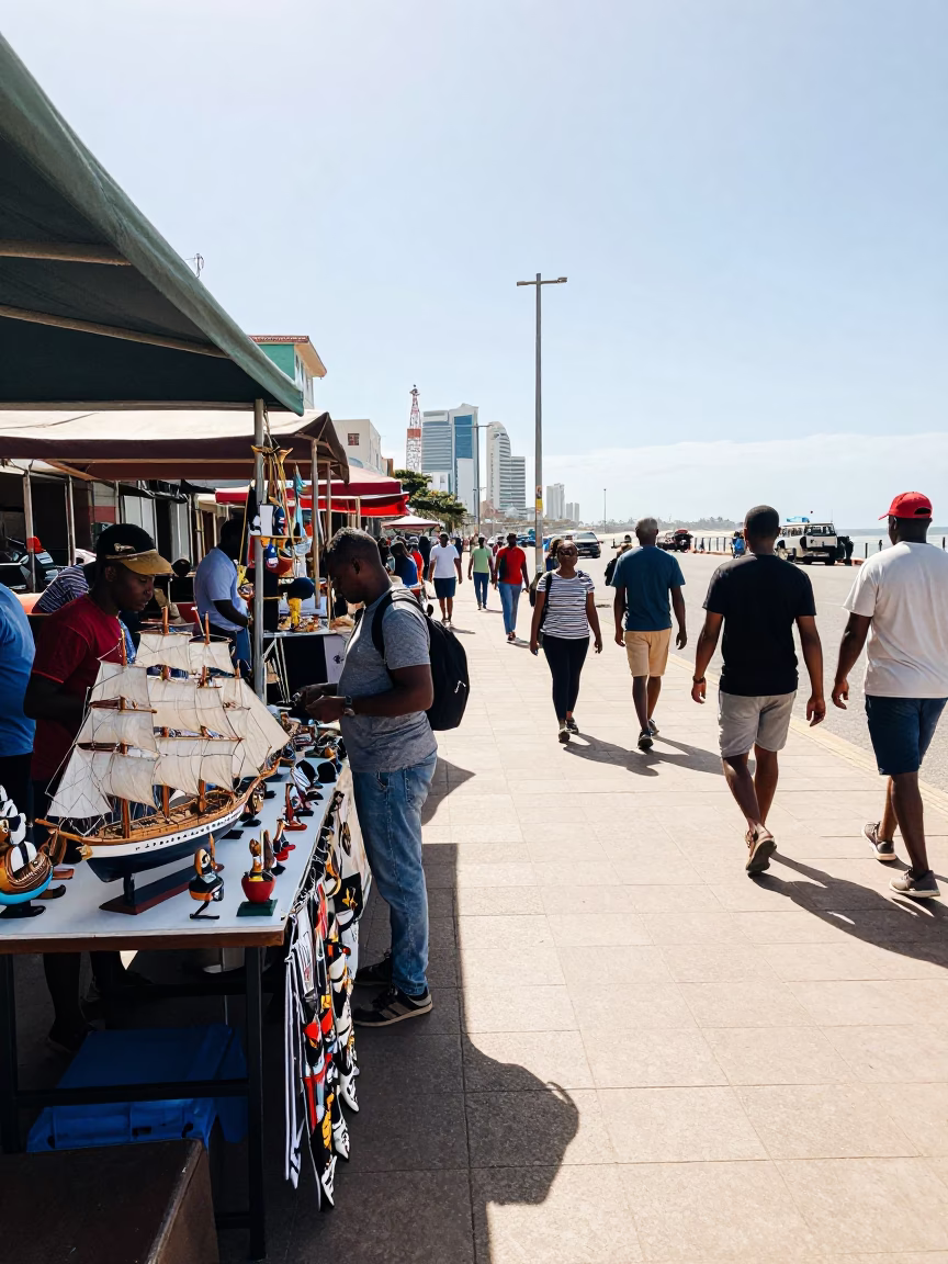Bright Midmorning Street Scene in Durban South Africa with Model Ship Display in in Durban, South Africa