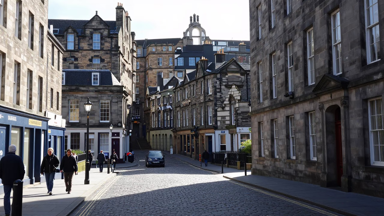 Bright Midmorning Street Scene in Edinburgh Scotland with Historic Architecture and Urban Details in in Edinburgh, United Kingdom