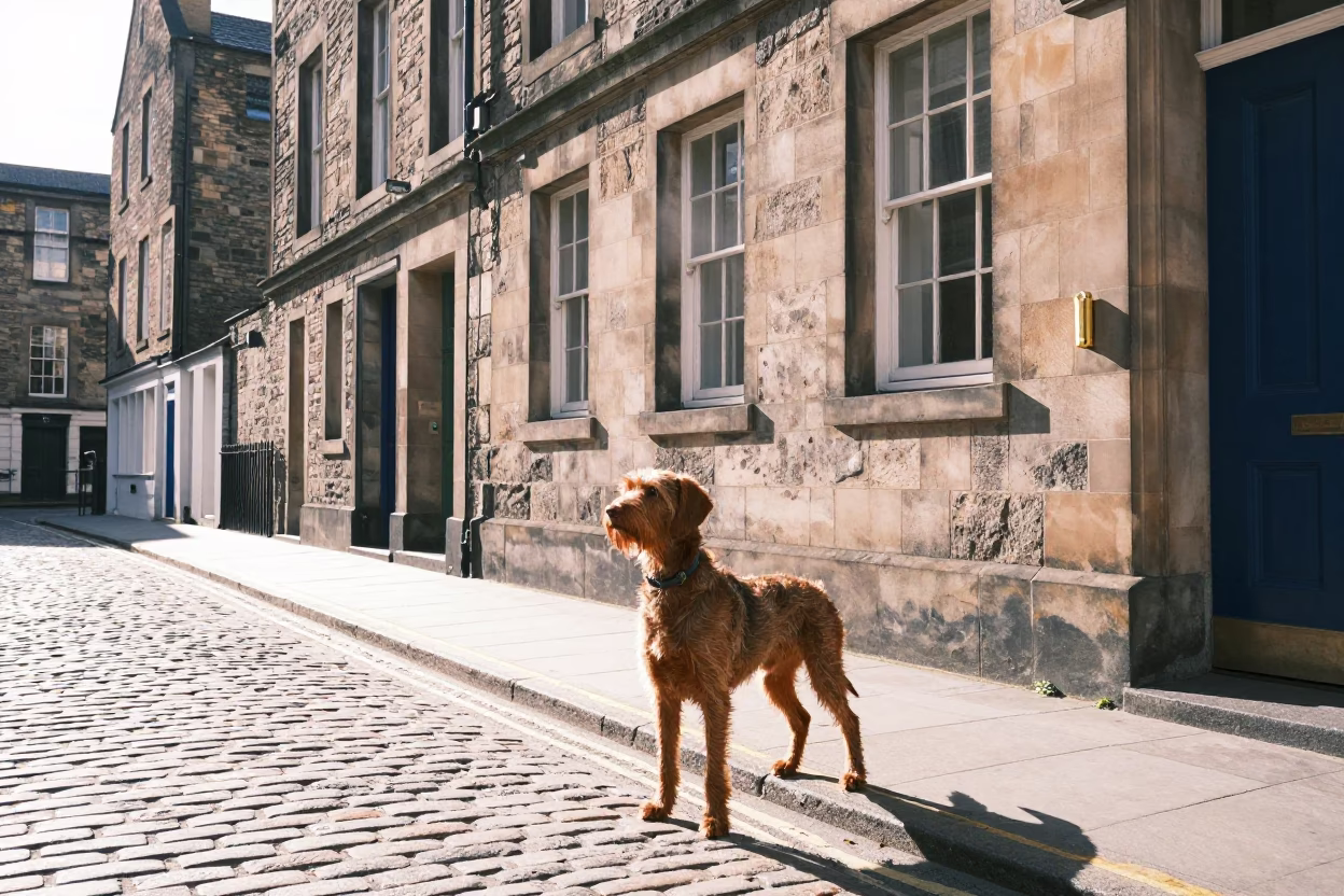 Bright Midmorning Street Scene in Edinburgh United Kingdom with Historic Stone Architecture in in Edinburgh, United Kingdom
