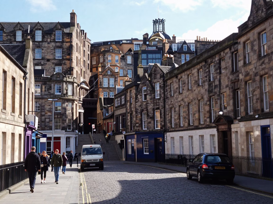 Bright Midmorning Street Scene in Edinburgh United Kingdom with Traditional Architecture in in Edinburgh, United Kingdom