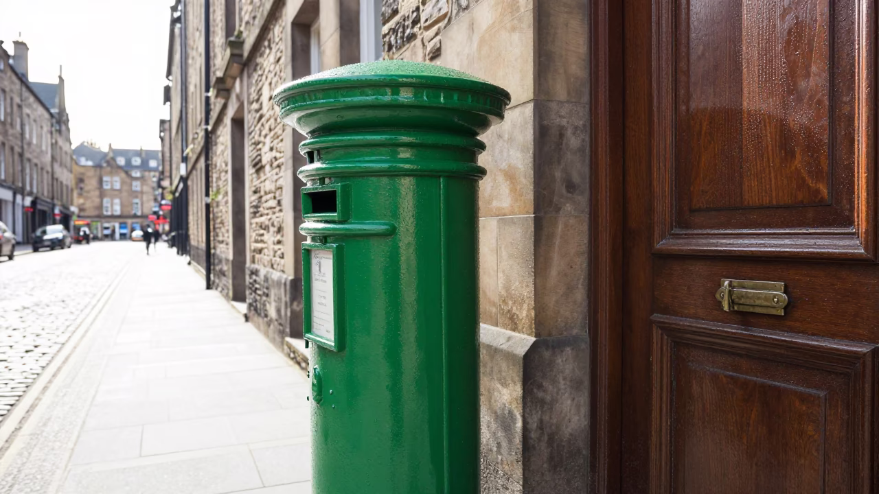 Bright Midmorning Street Scene in Edinburgh with Glossy Enamel Surfaces and Condensation on Latch in in Edinburgh, United Kingdom