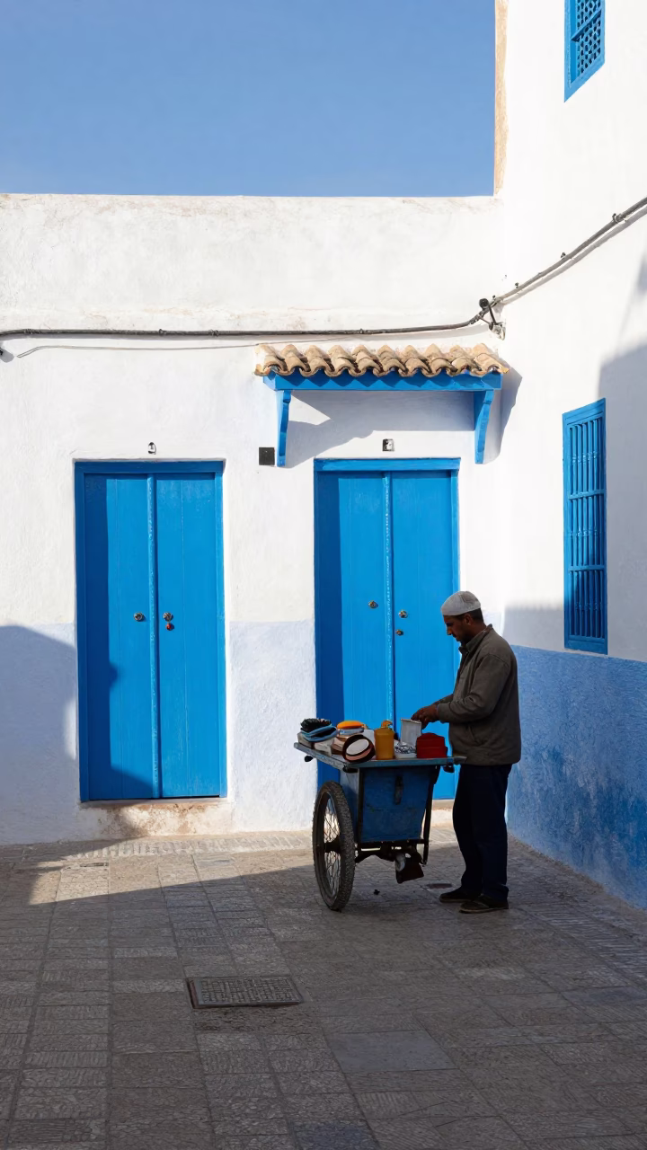 Bright Midmorning Street Scene in Essaouira Morocco with Blue Doors and Coastal Life in in Essaouira, Morocco