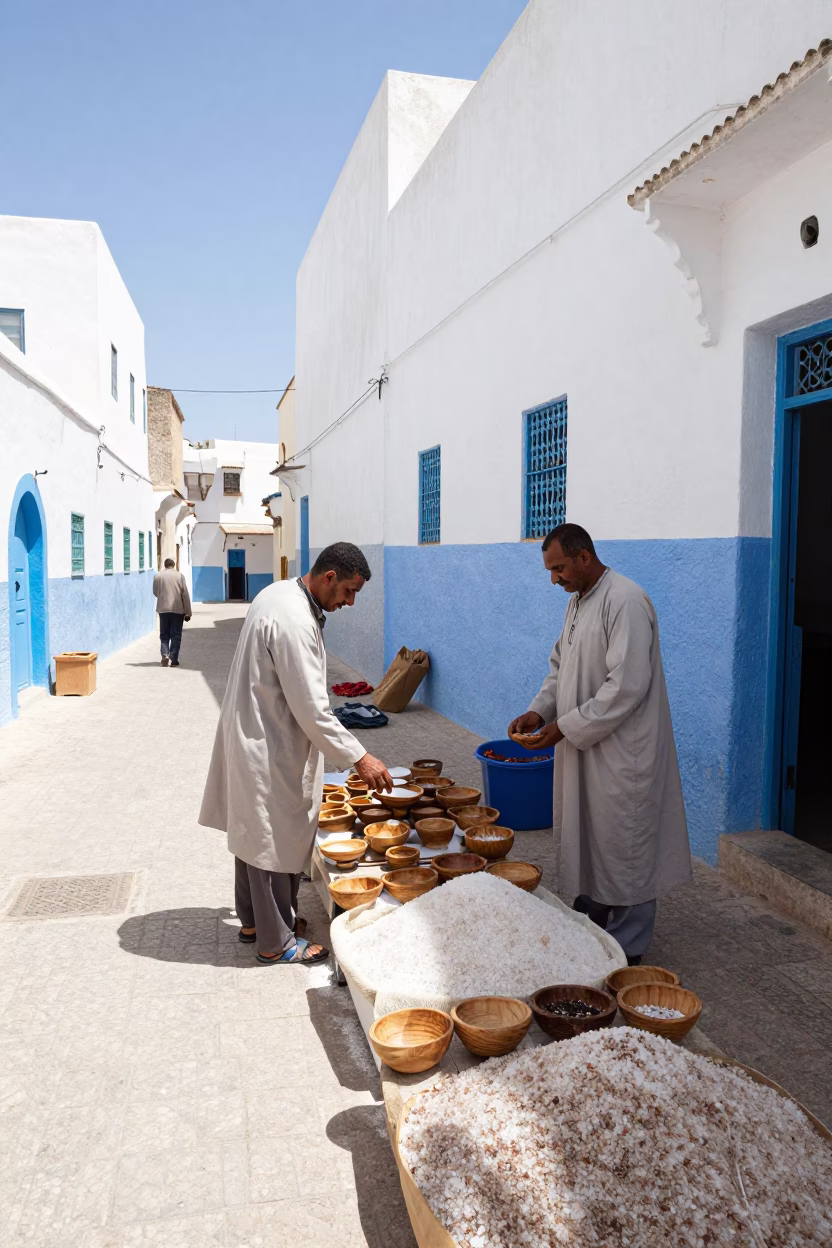 Bright Midmorning Street Scene in Essaouira Morocco with Local Crafts and Salt in in Essaouira, Morocco