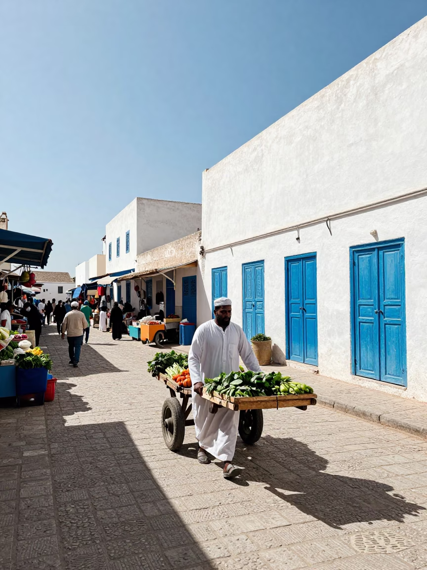Bright Midmorning Street Scene in Essaouira Morocco with Local Market Activity in in Essaouira, Morocco