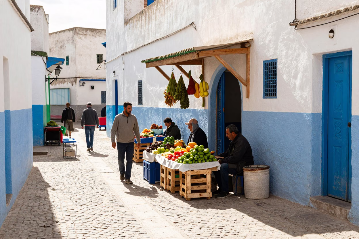 Bright Midmorning Street Scene in Essaouira Morocco with Local Market Details in in Essaouira, Morocco