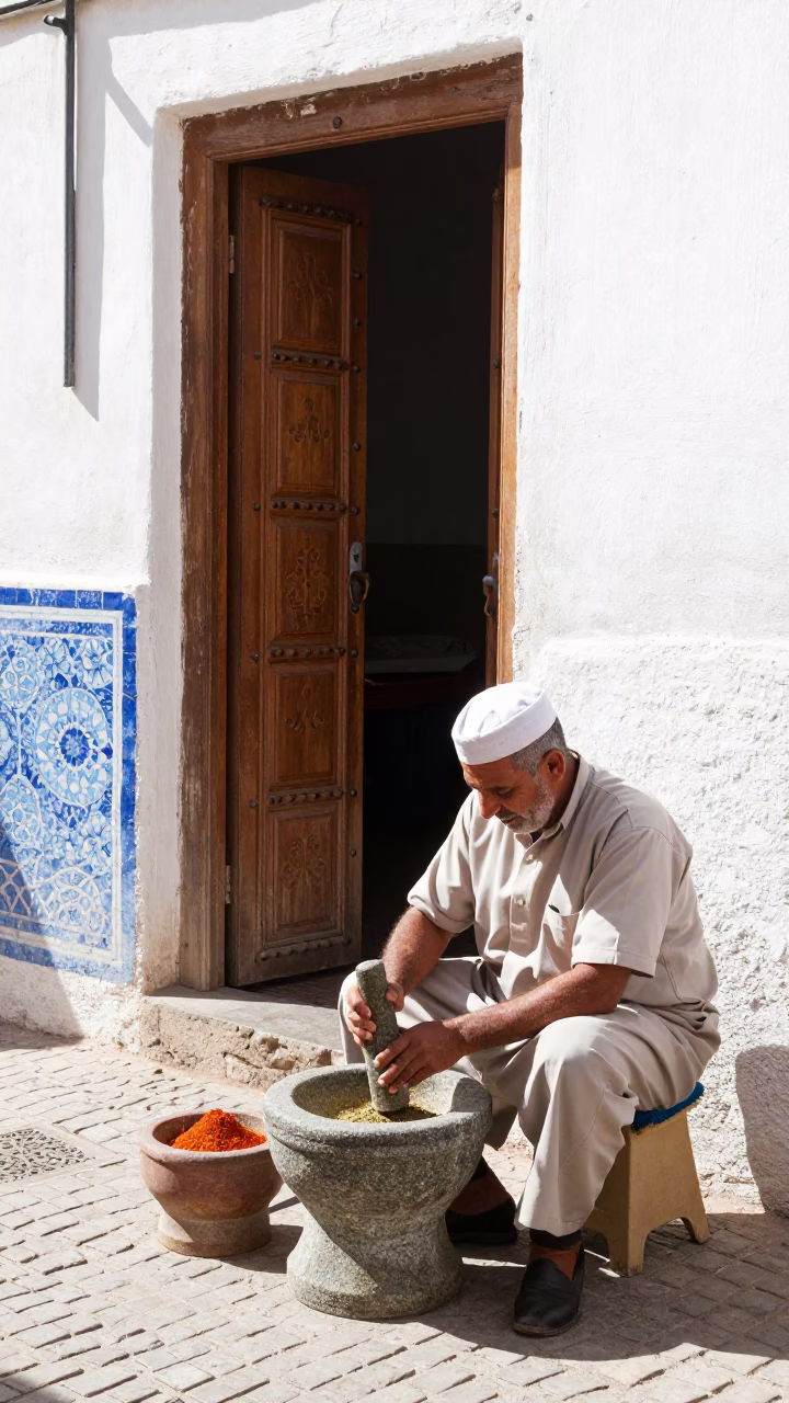 Bright Midmorning Street Scene in Essaouira Morocco with Mortar and Pestle in in Essaouira, Morocco