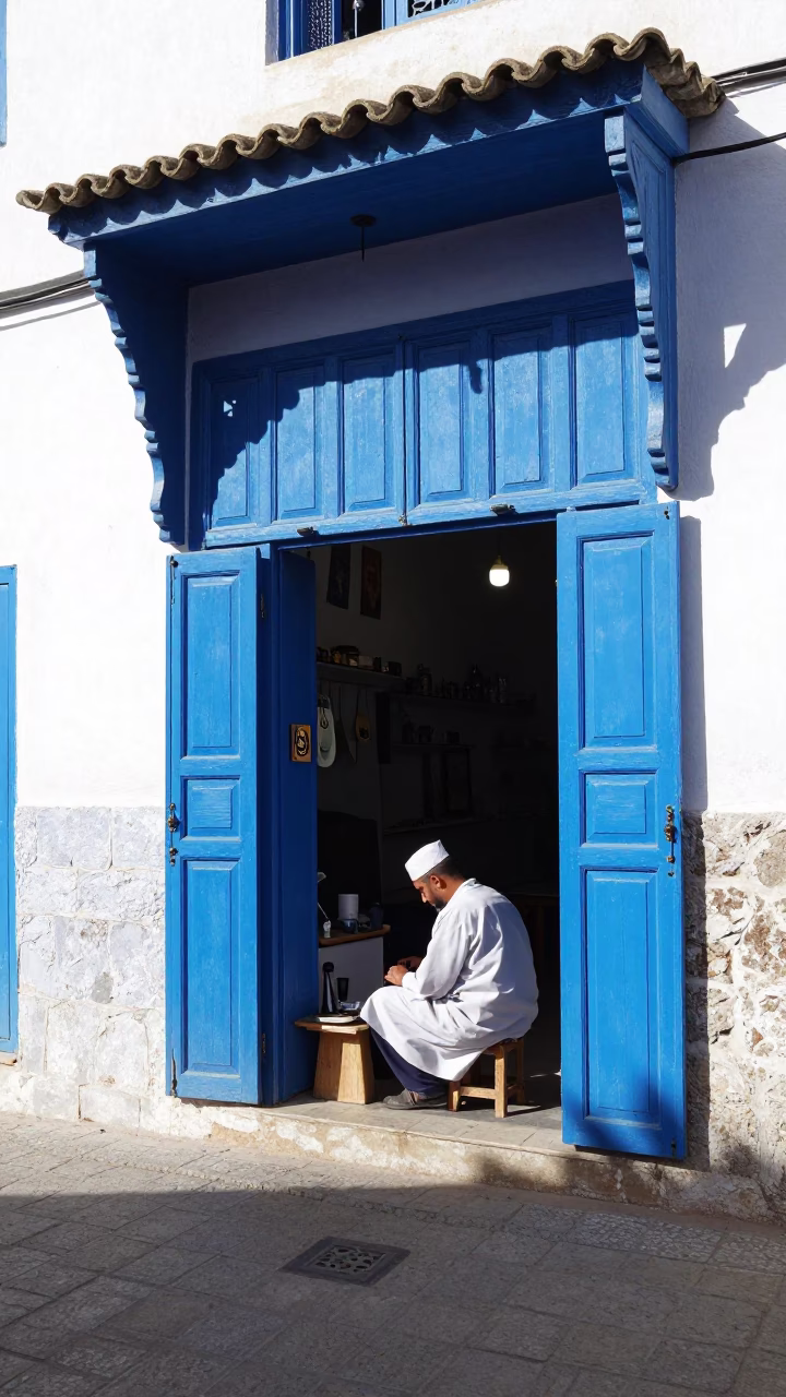 Bright Midmorning Street Scene in Essaouira Morocco with Traditional Craft Details in in Essaouira, Morocco