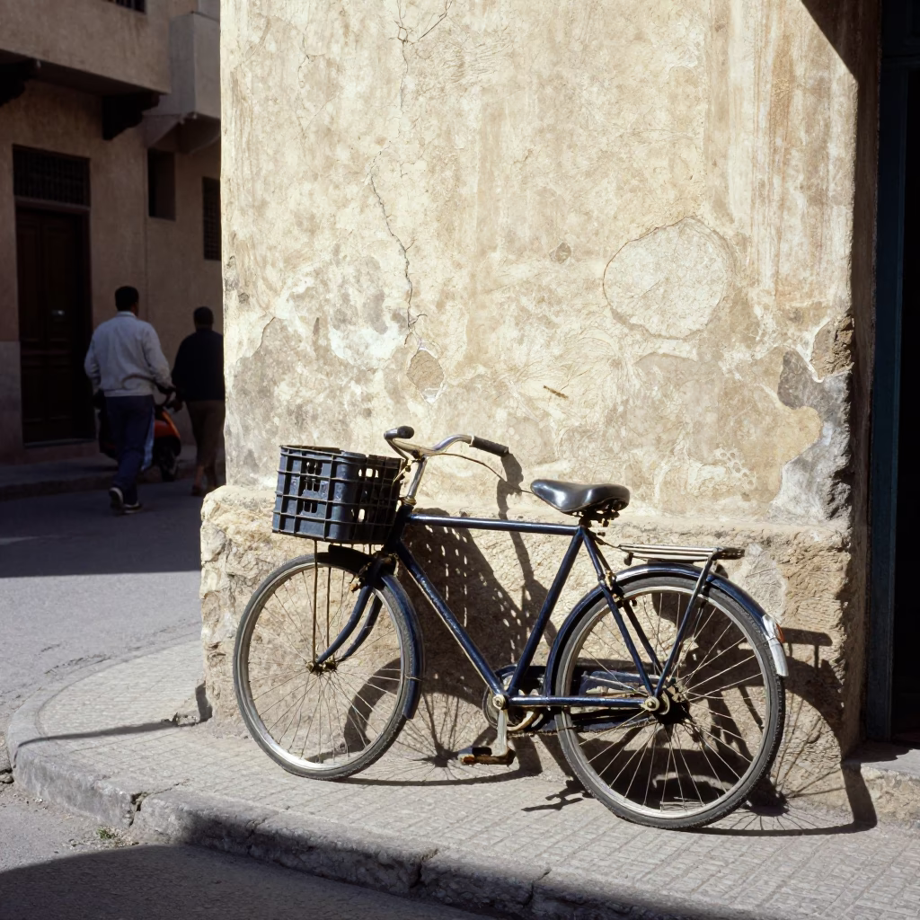Bright Midmorning Street Scene in Fez Morocco with Bicycle and Crate in in Fez, Morocco