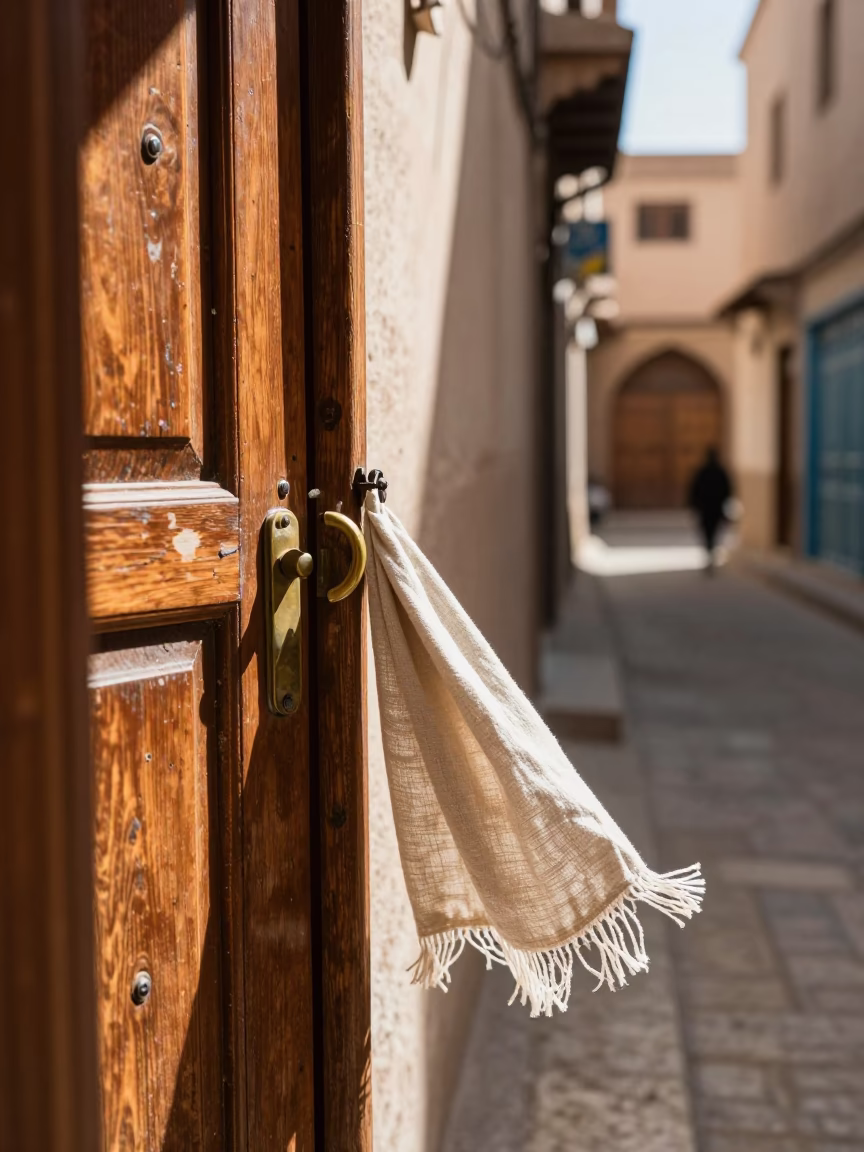 Bright Midmorning Street Scene in Fez Morocco with Door Handle and Linen Fringe in in Fez, Morocco