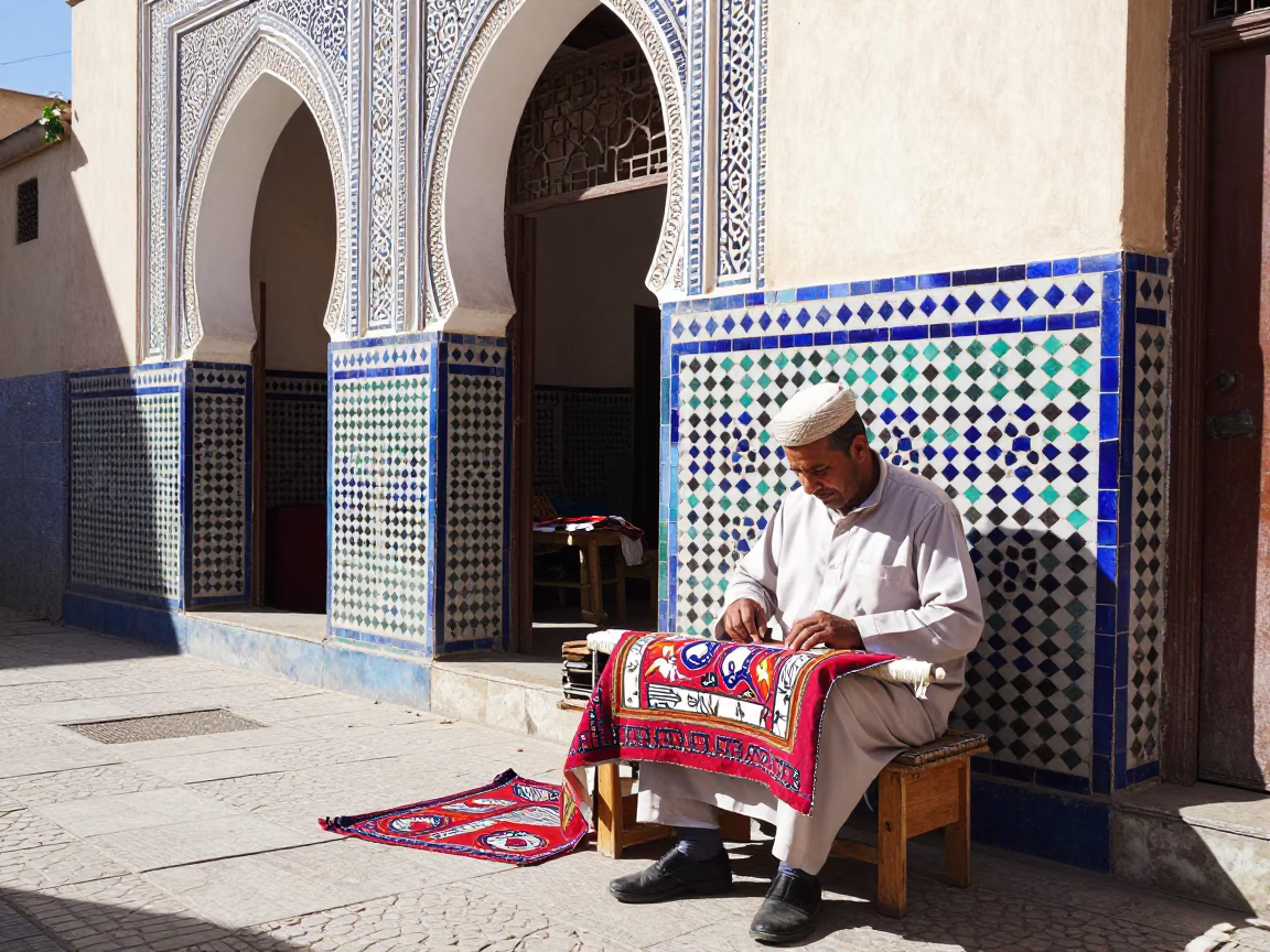 Bright Midmorning Street Scene in Fez Morocco with Local Artisan and Traditional Architecture in in Fez, Morocco