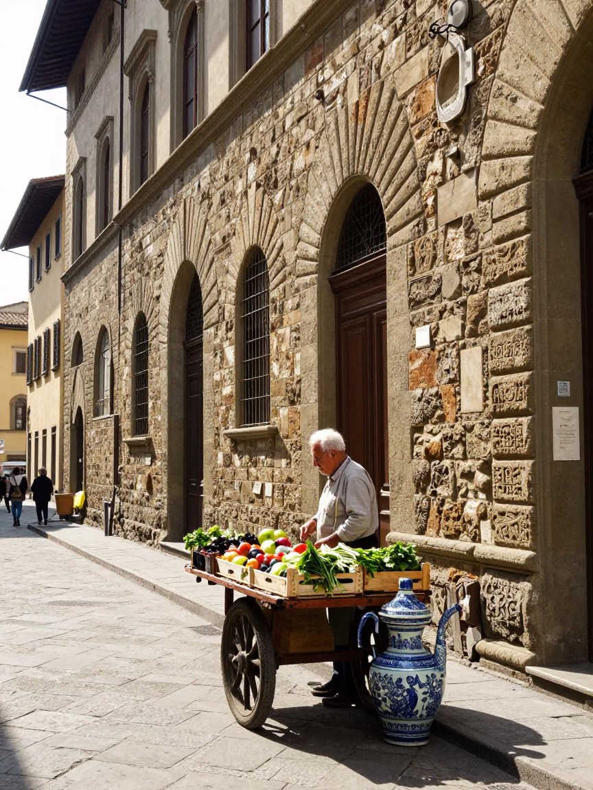 Bright Midmorning Street Scene in Florence Italy with Blue White Porcelain and Onions in in Florence, Italy