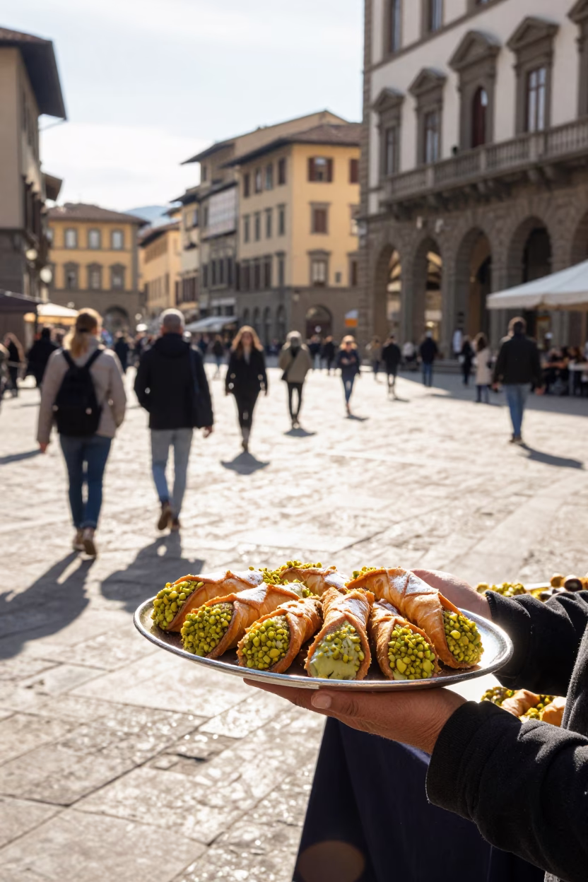 Bright Midmorning Street Scene in Florence Italy with Cannoli and Local Interaction in in Florence, Italy