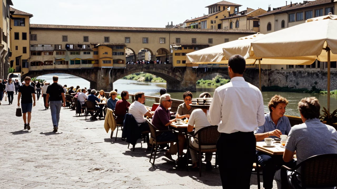 Bright Midmorning Street Scene in Florence Italy with Local Cafe Details in in Florence, Italy