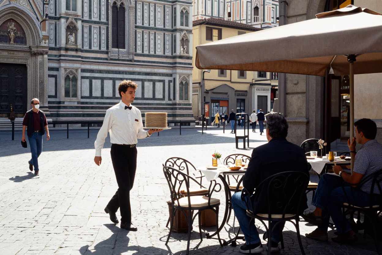 Bright Midmorning Street Scene in Florence Italy with Local Dining and Daily Life Details in in Florence, Italy
