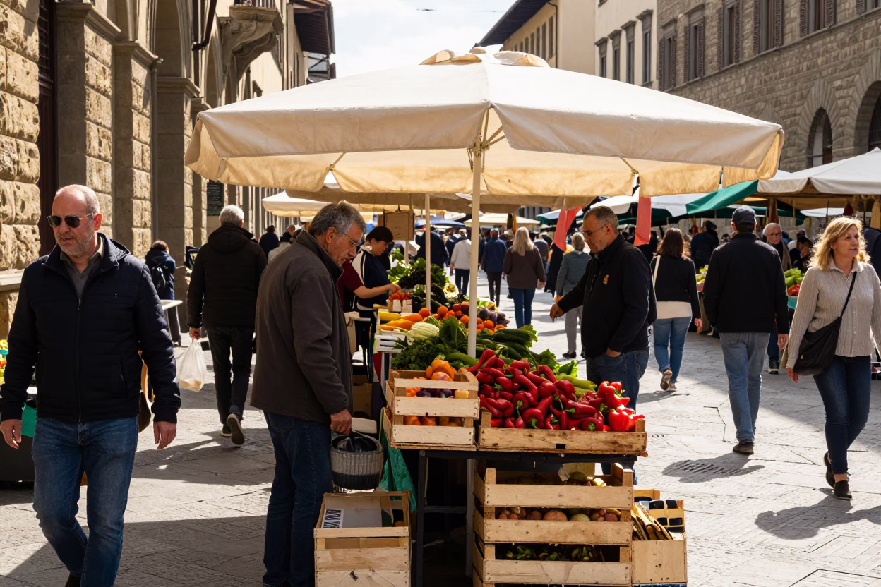 Bright Midmorning Street Scene in Florence Italy with Local Market Activity in in Florence, Italy