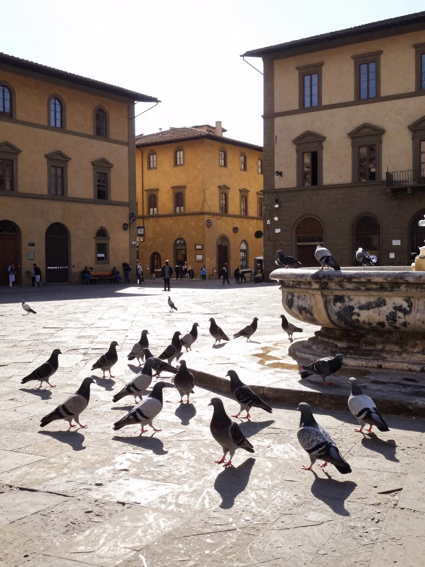 Bright Midmorning Street Scene in Florence Italy with Pigeons and Stone Architecture in in Florence, Italy