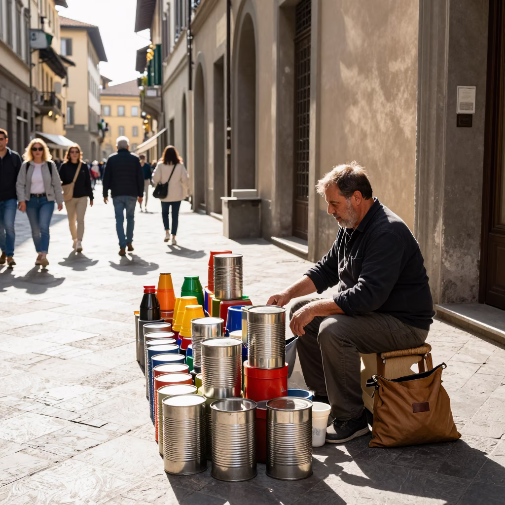 Bright Midmorning Street Scene in Florence Italy with Traditional Canister Set and Local Life in in Florence, Italy