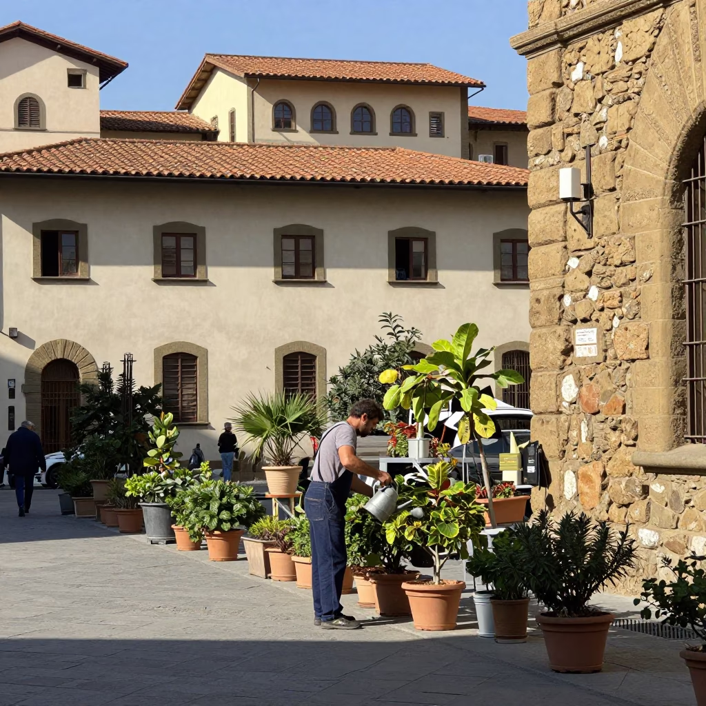 Bright Midmorning Street Scene in Florence Italy with Watering Jug and Local Life in in Florence, Italy