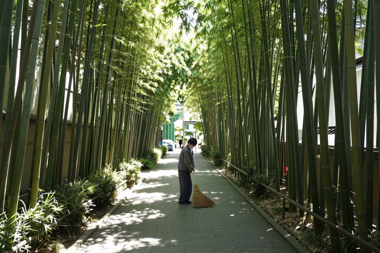 Bright Midmorning Street Scene in Fukuoka Japan with Bamboo and Broom in in Fukuoka, Japan