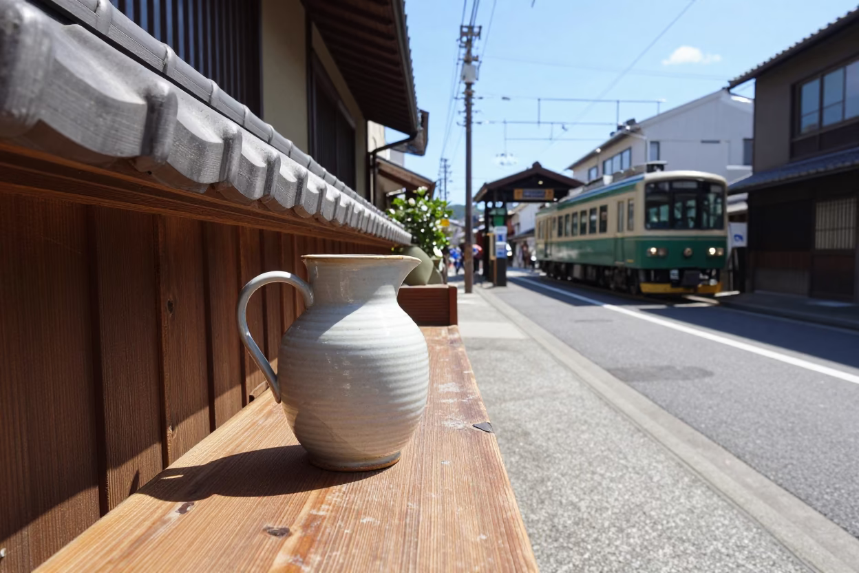 Bright Midmorning Street Scene in Fukuoka Japan with Ceramic Pitcher in in Fukuoka, Japan