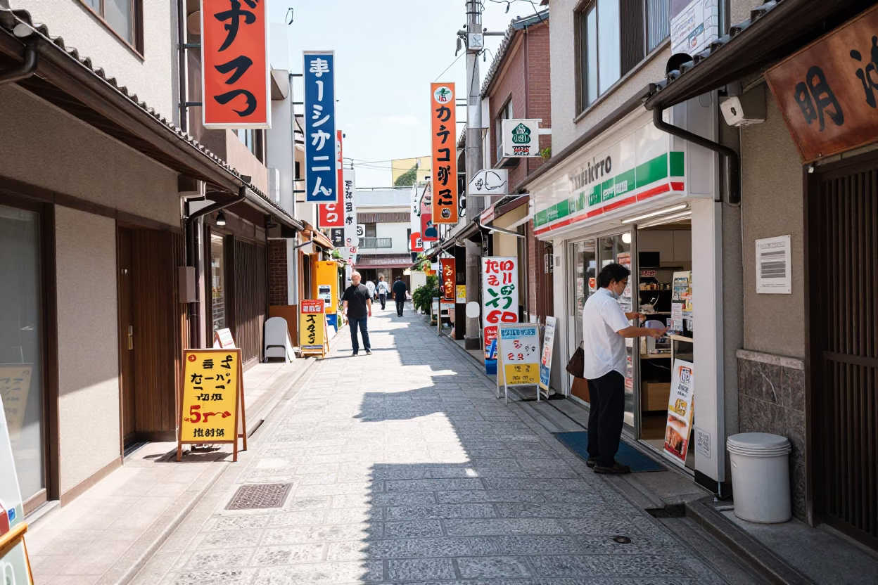 Bright Midmorning Street Scene in Fukuoka Japan with Local Details in in Fukuoka, Japan