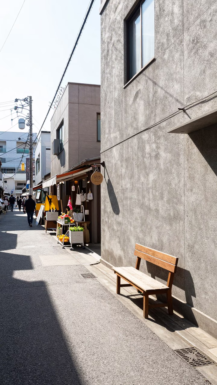 Bright Midmorning Street Scene in Fukuoka Japan with Local Market Details in in Fukuoka, Japan