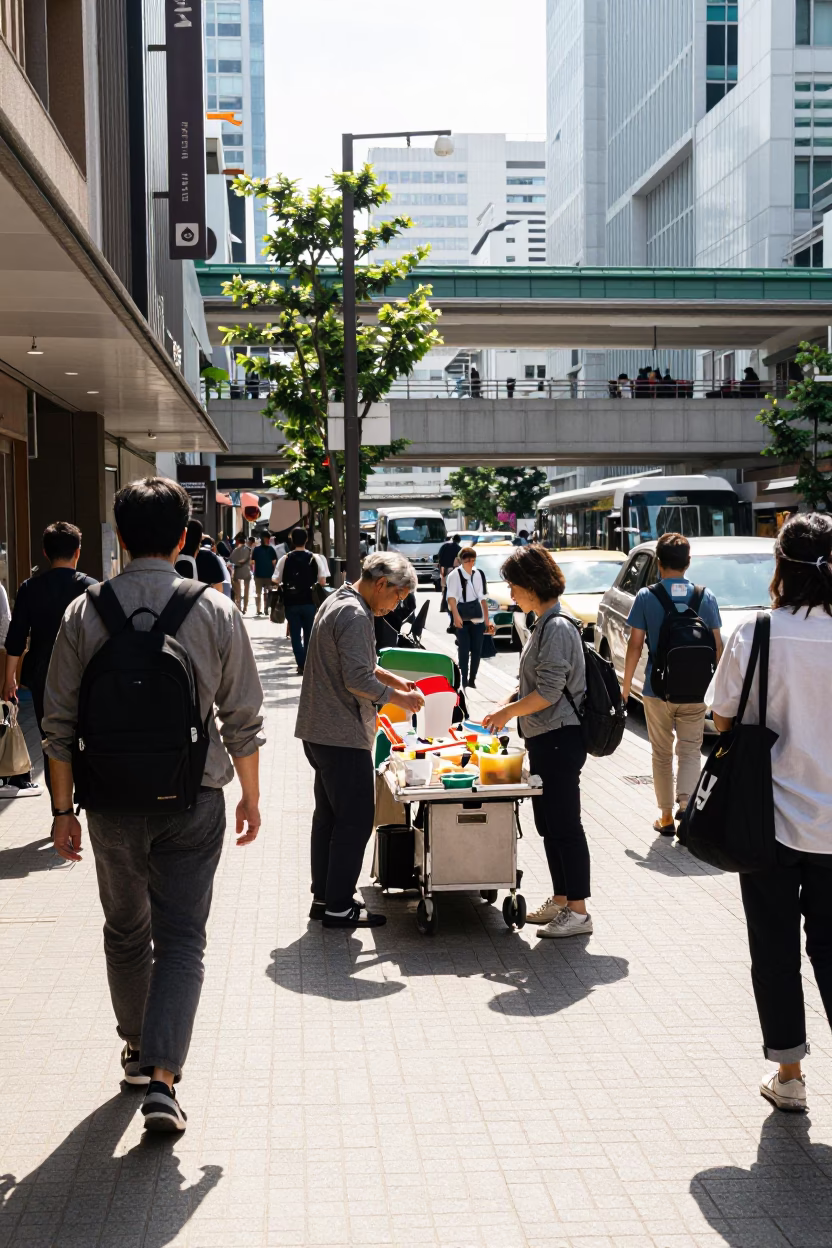 Bright Midmorning Street Scene in Fukuoka Japan with Local Vendors and Pedestrians in in Fukuoka, Japan