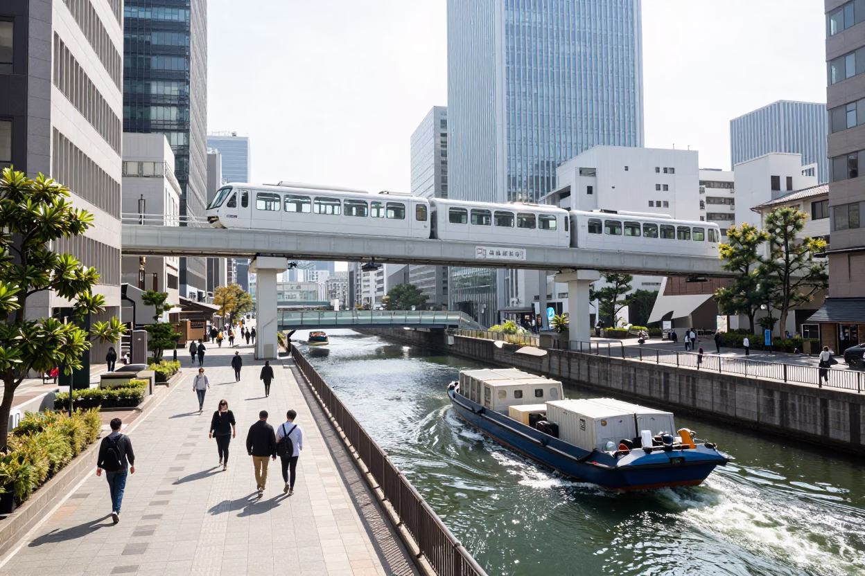 Bright Midmorning Street Scene in Fukuoka Japan with Monorail and Canal in in Fukuoka, Japan