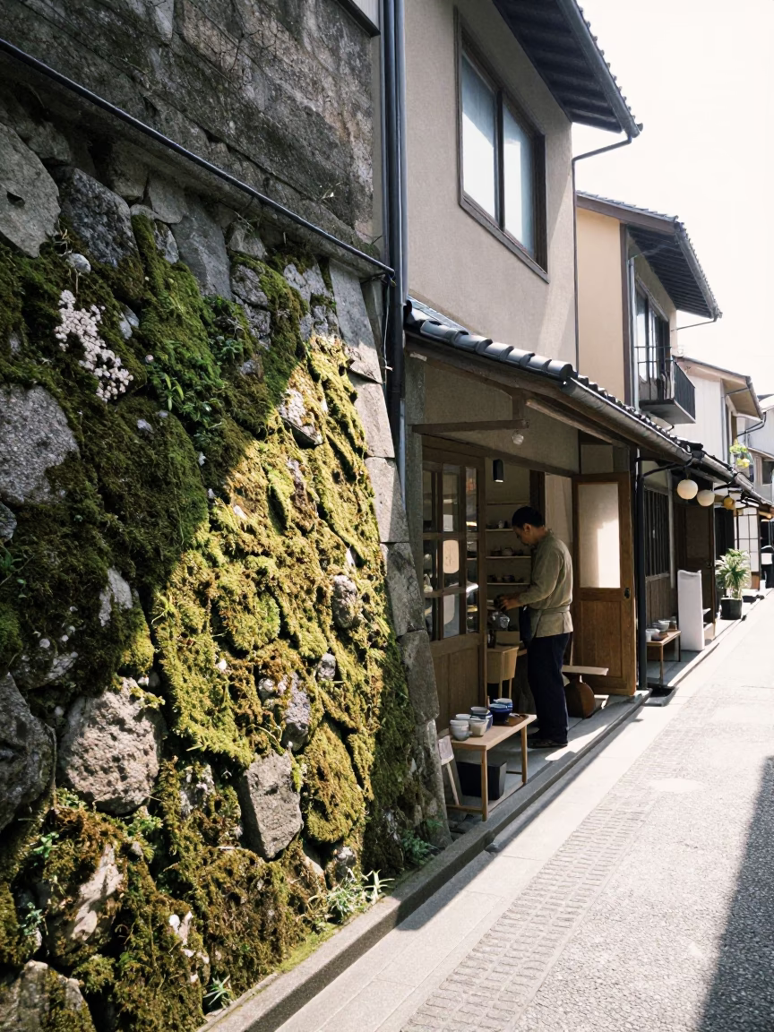 Bright Midmorning Street Scene in Fukuoka Japan with Mossy Stone Wall and Local Life in in Fukuoka, Japan