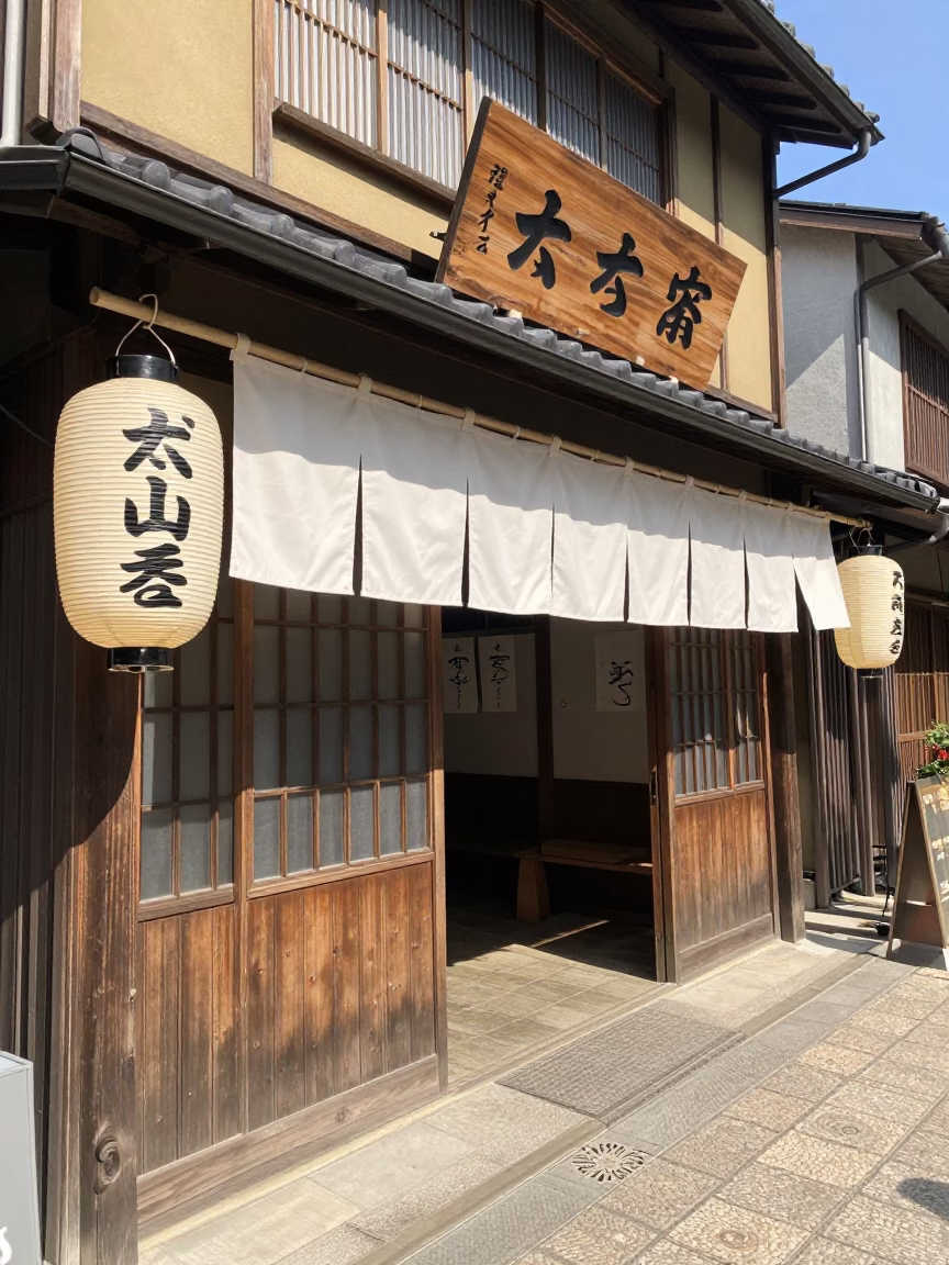 Bright Midmorning Street Scene in Fukuoka Japan with Paper Lantern and Local Shopfront in in Fukuoka, Japan