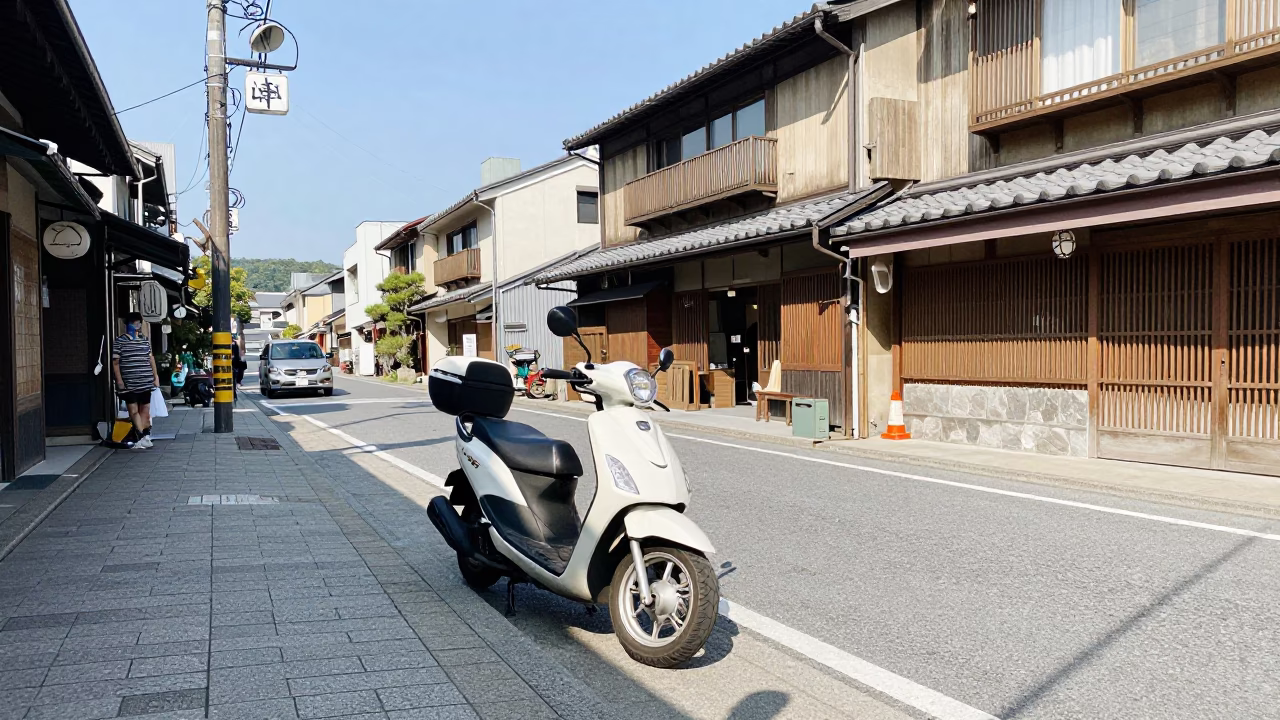 Bright Midmorning Street Scene in Fukuoka Japan with Scooter and Local Interaction in in Fukuoka, Japan